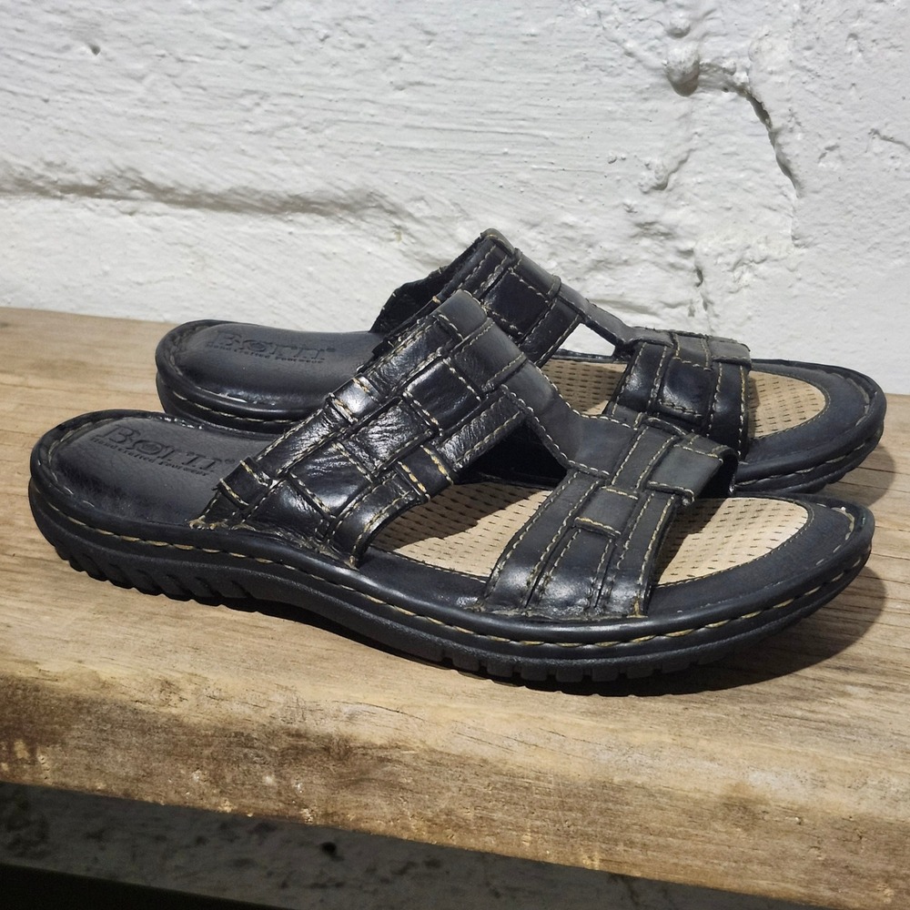 Born MMJ3 Womens Black Leather Woven Slide Sandals Size 8 / 39 Vintage Inspired